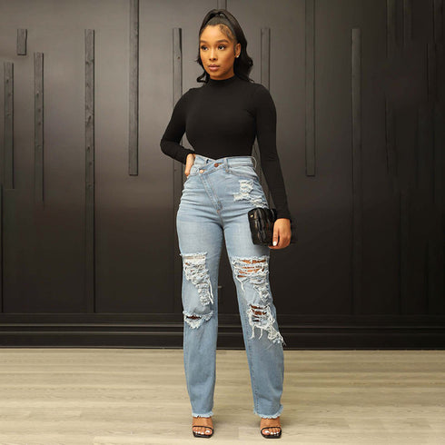 Women's Washed High Waist Straight Ripped Jeans - ROUTINE FASHION